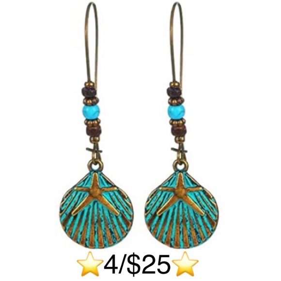 Jewelry - Seashell Earrings Turquoise Bronze Seashell Starfish Dangling Beaded Earrings